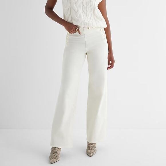 Express High Waisted Cream Wide Leg Gold Button Jeans Size 6R NWT - Picture 1 of 9